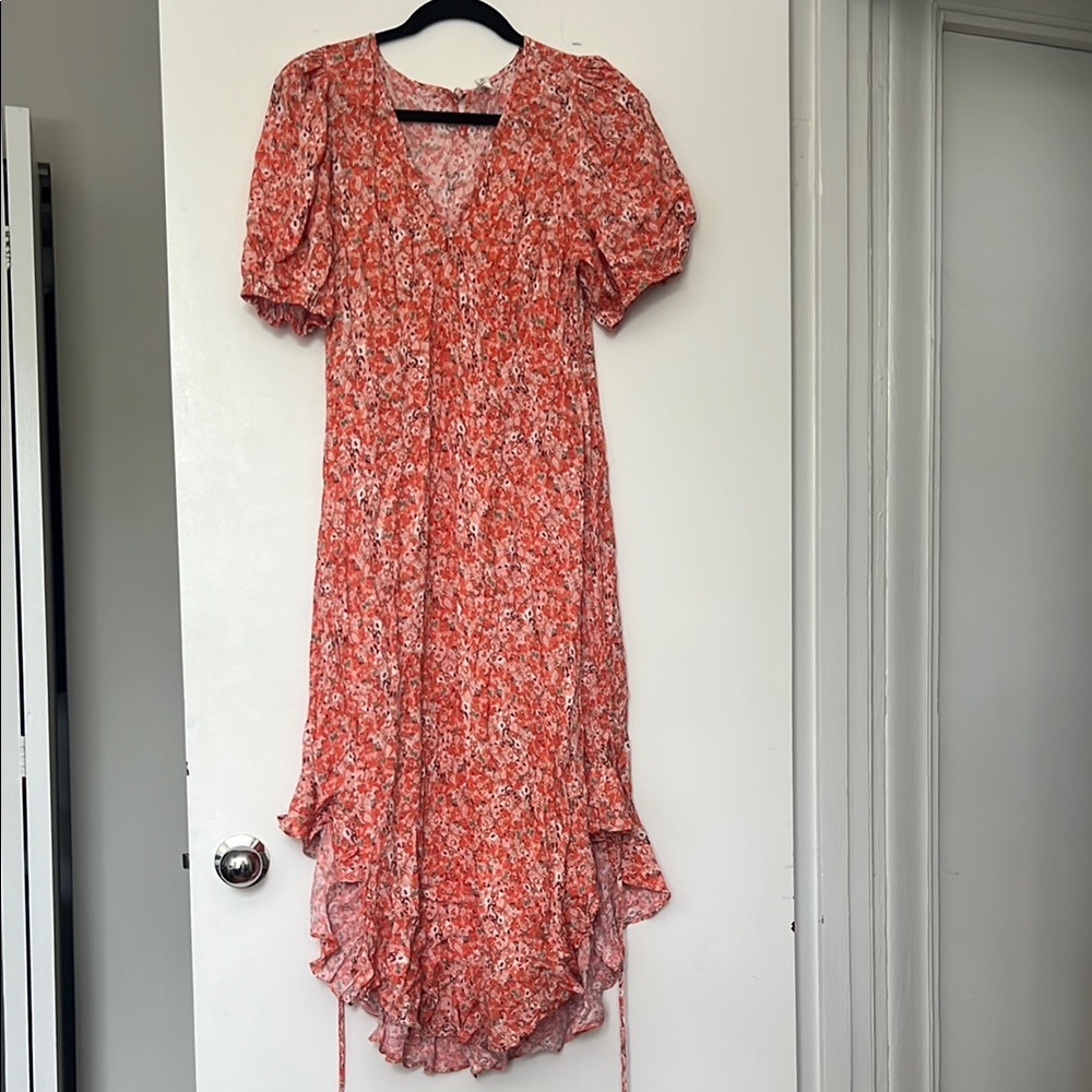 Orange and Pink High Low Sundress with Puff Sleeves